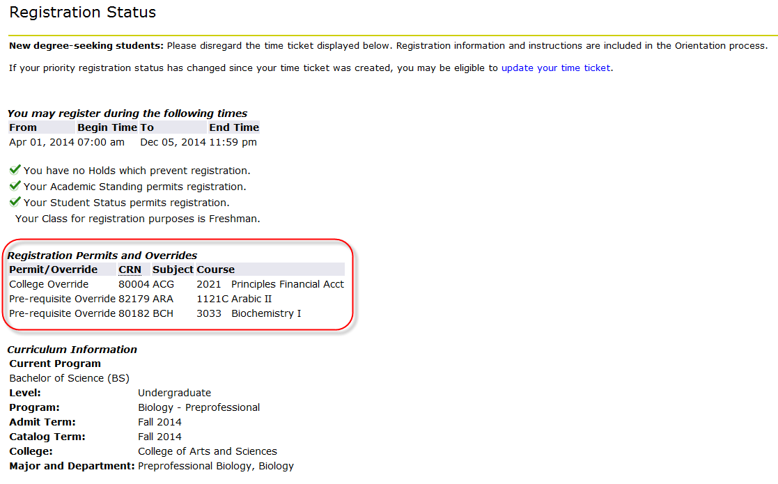 list of registration permits and overrides