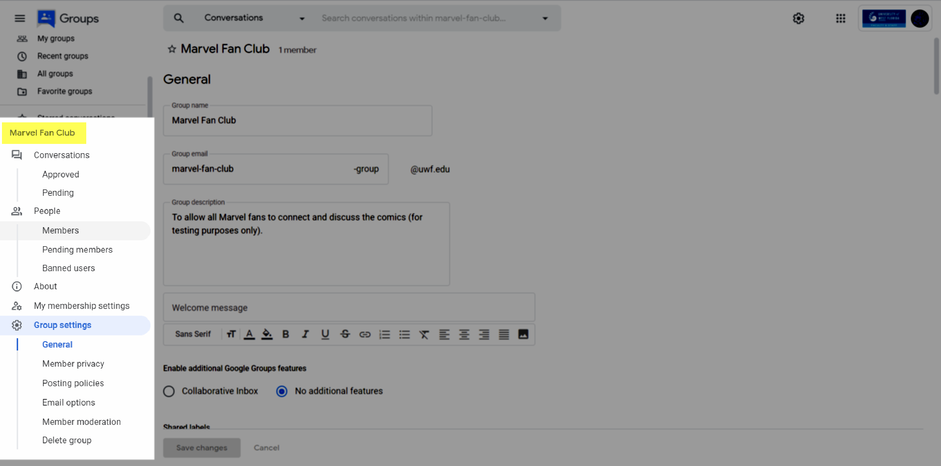 group name and settings on left-hand side