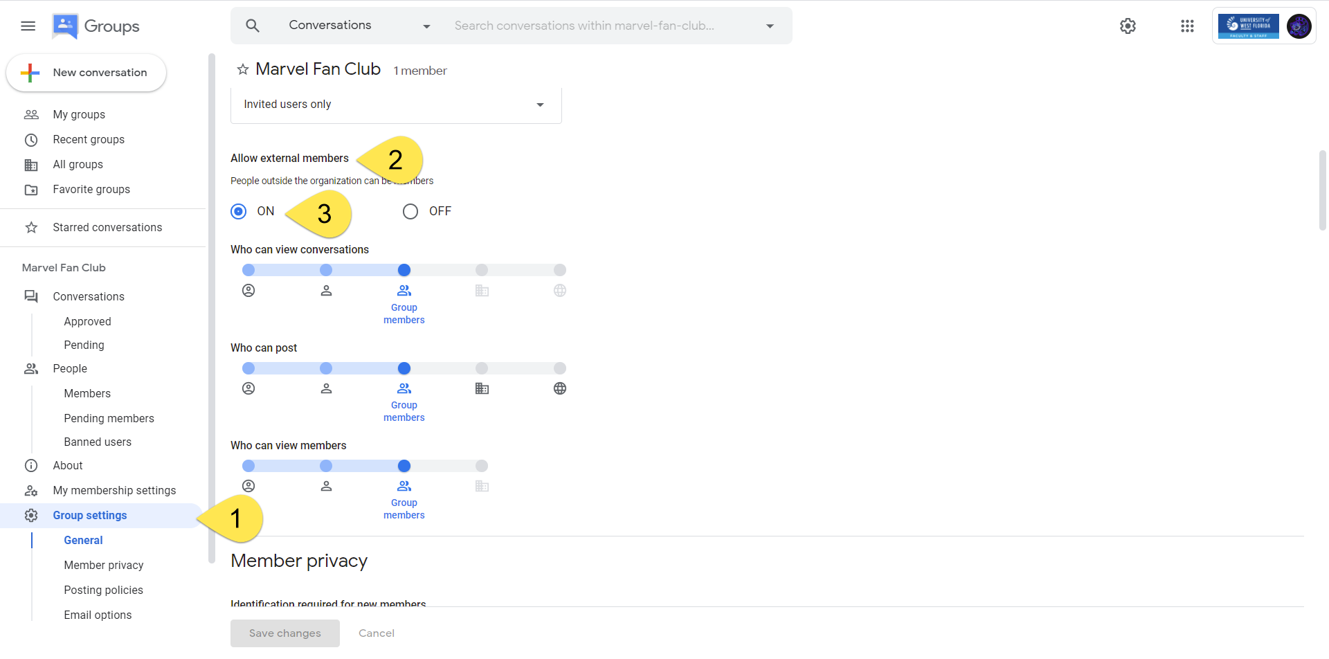 Groups settings section, Allow external members setting