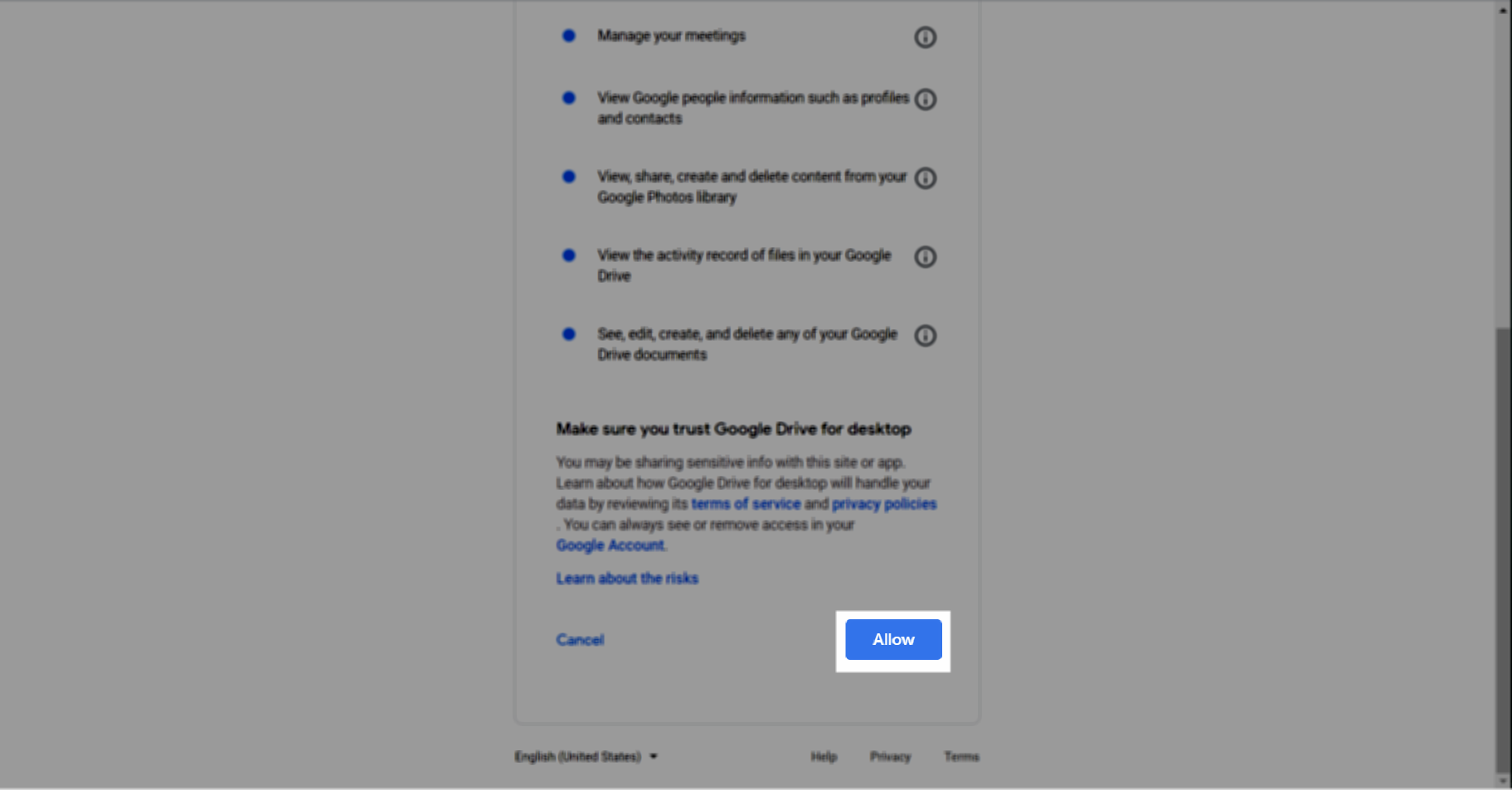 Allowing Google Drive access to your account