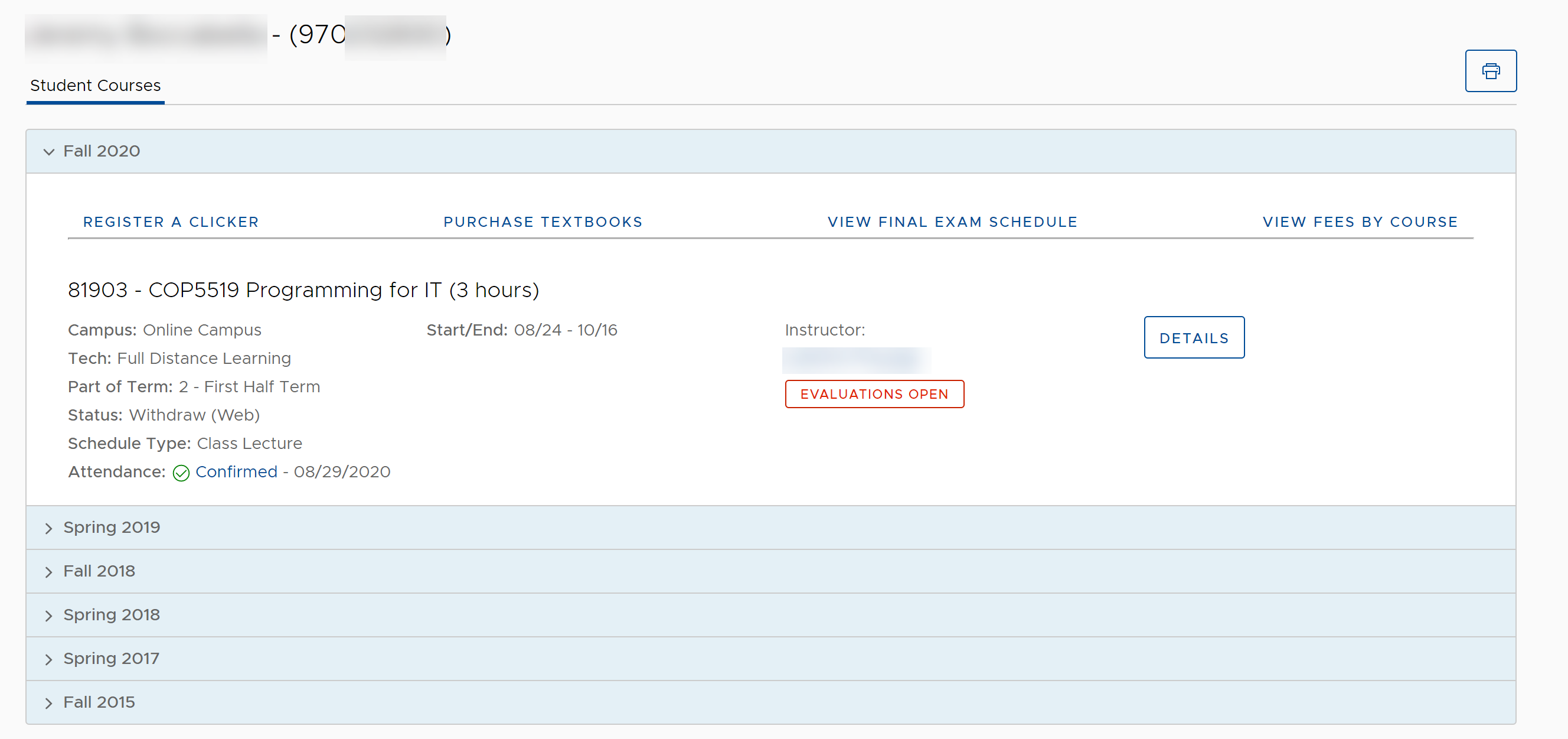 UWF Public Knowledge Base > Using the Classmate App for Students > 1-class listing.PNG Course Listing View