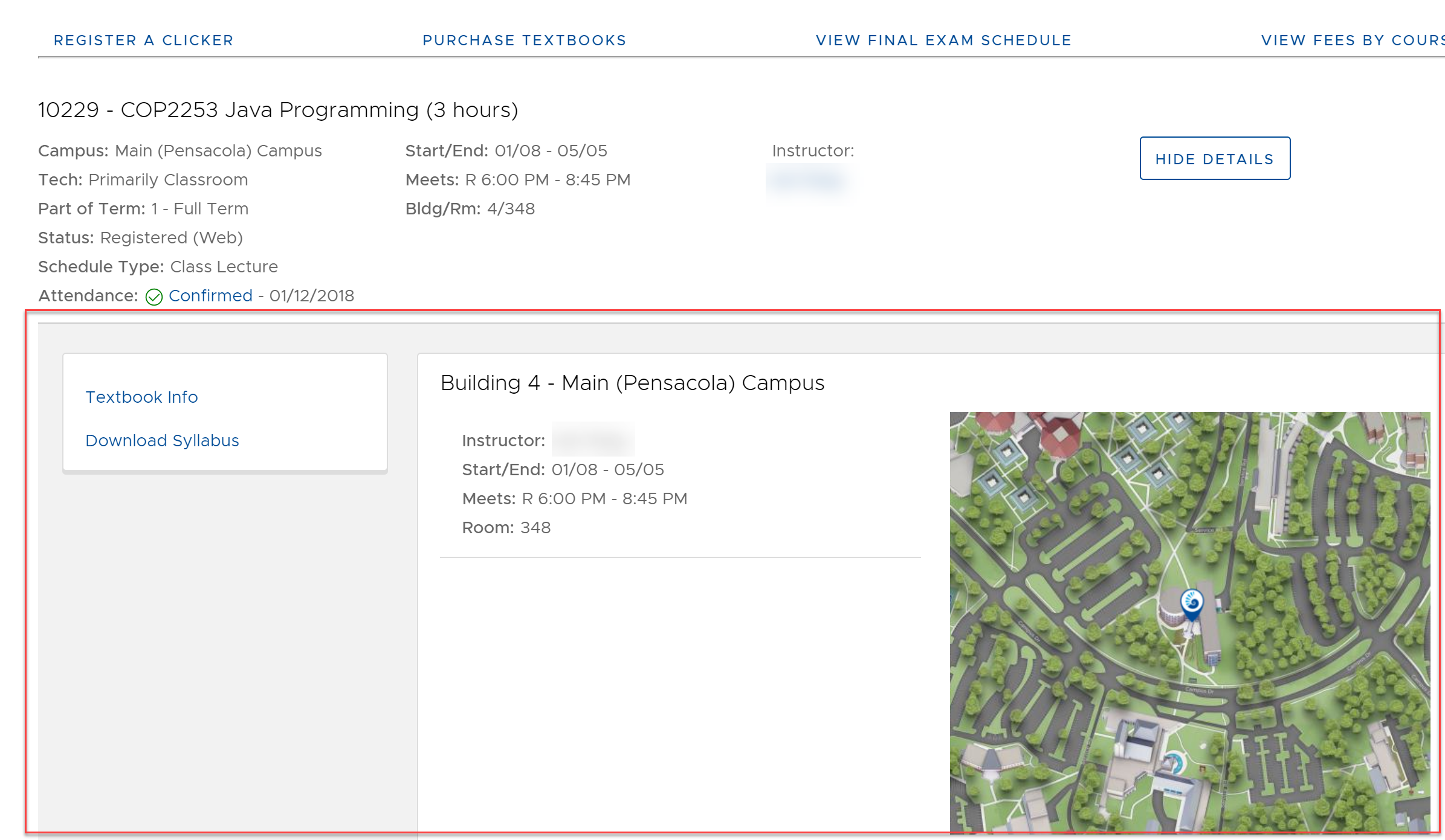 UWF Public Knowledge Base > Using the Classmate App for Students > 2-details button.PNG Course Detail View