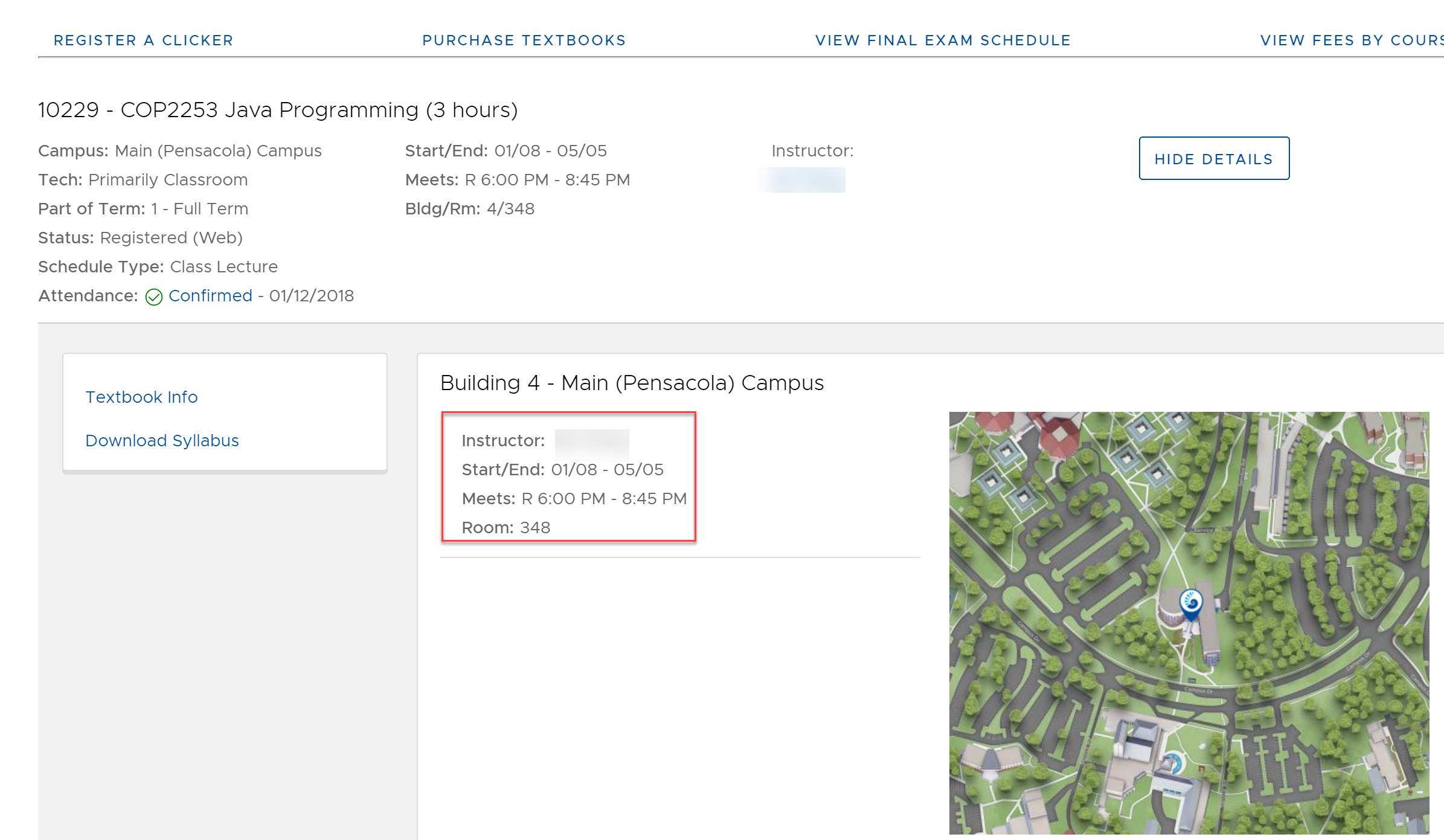 UWF Public Knowledge Base > Using the Classmate App for Students > 3-class meeting info.PNG Course Information section