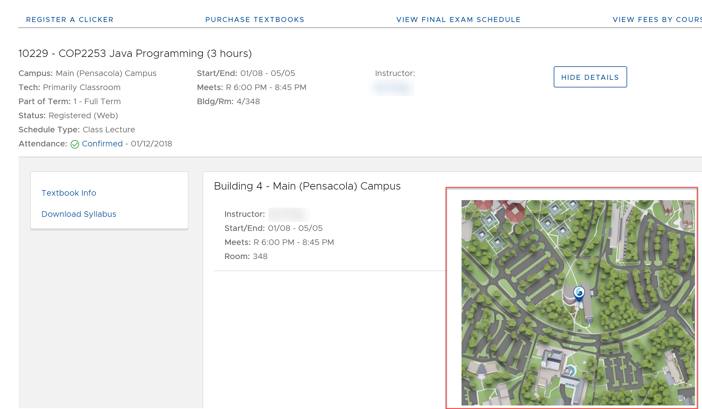 UWF Public Knowledge Base > Using the Classmate App for Students > 6a-map.PNG Map displaying the course location