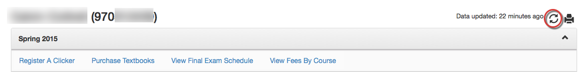 UWF Public Knowledge Base > Using the Classmate App for Students > action - refresh.png desktop view of course list - refresh icon circled