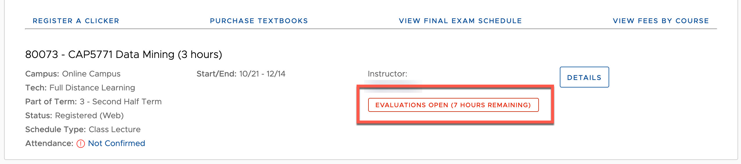 UWF Public Knowledge Base > Using the Classmate App for Students > hours_remaining.png note designating how many contact hours are left for a specific course