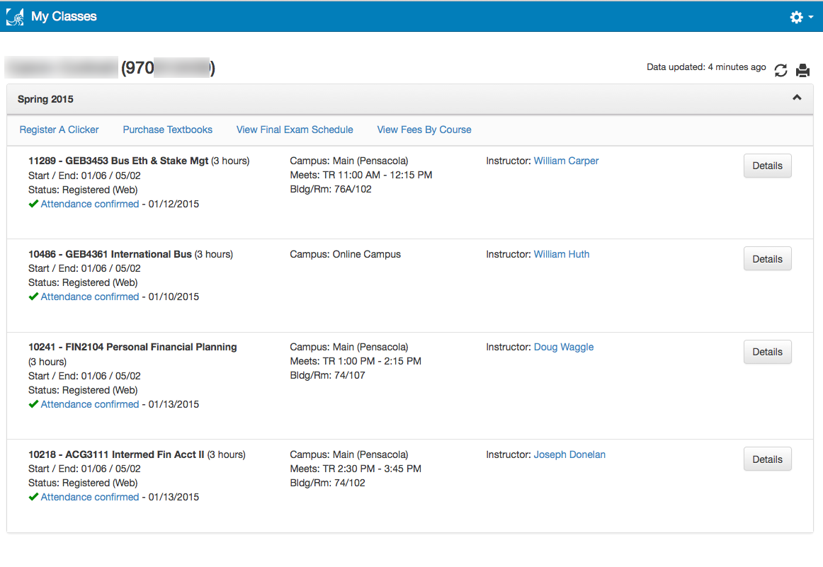 UWF Public Knowledge Base > Using the Classmate App for Students > main screen - closed.png desktop course listing screenshot