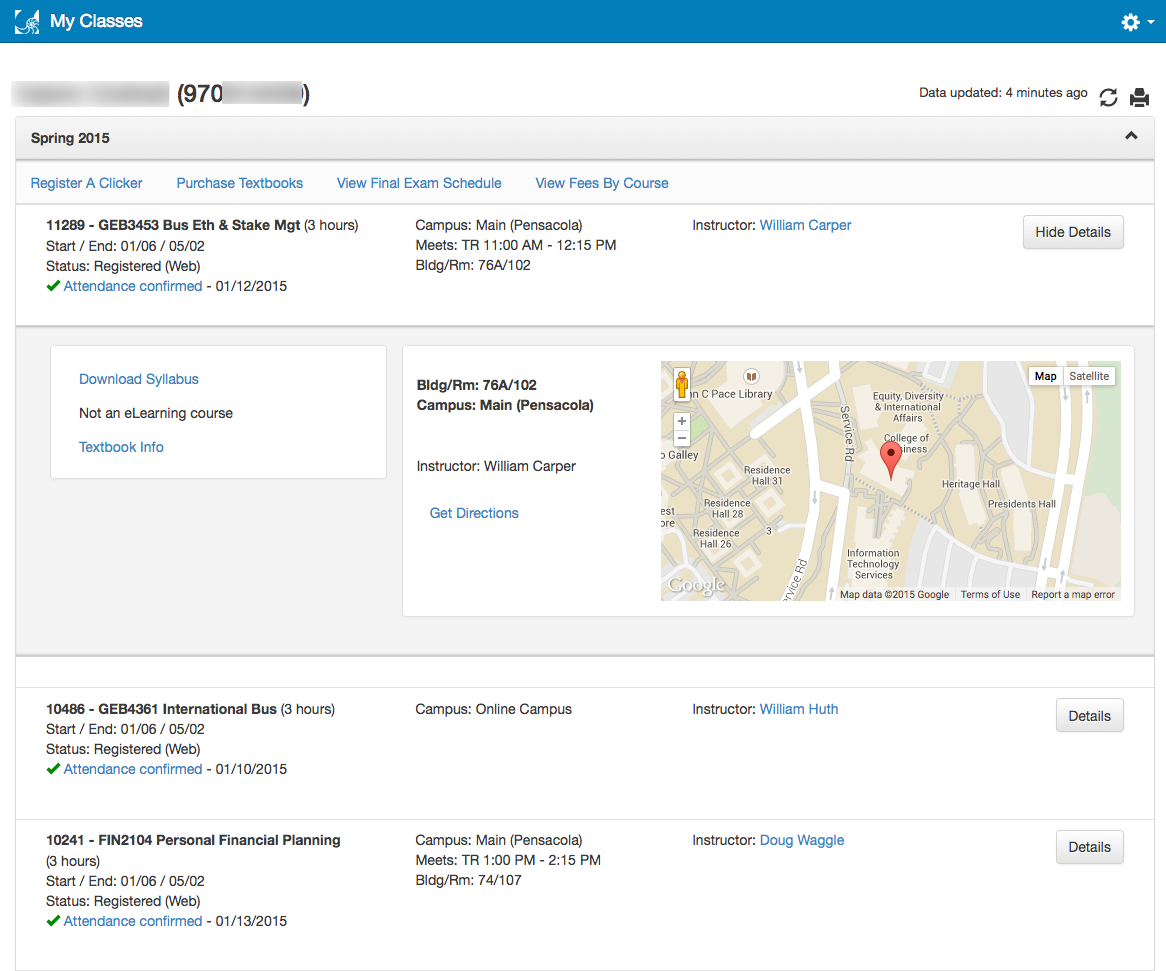 UWF Public Knowledge Base > Using the Classmate App for Students > main screen - open.png desktop course detail view