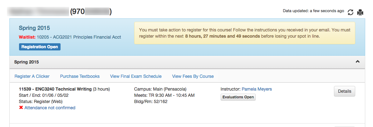 UWF Public Knowledge Base > Using the Classmate App for Students > main screen - waitlist.png desktop waitlist status - message indicates spot is open