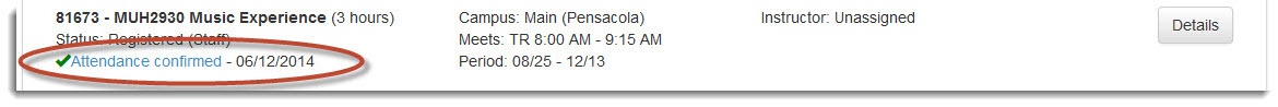 UWF Public Knowledge Base > Using the Classmate App for Students > mc_attendanceConfirmation.jpg desktop course listing - attendance confirmed, date is circled