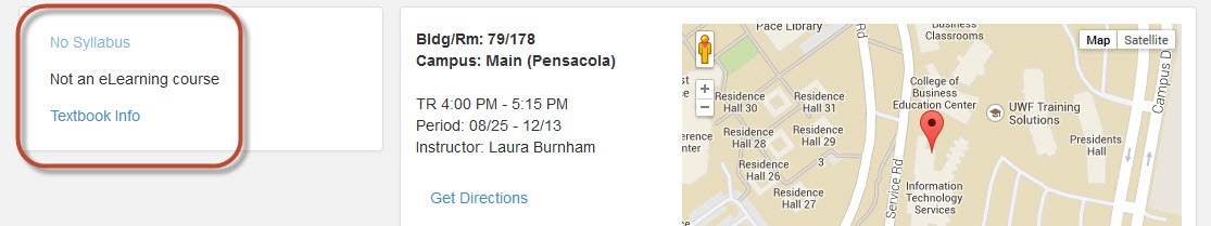 UWF Public Knowledge Base > Using the Classmate App for Students > mc_detailActions.jpg desktop course details - box around syllabus, elearning course and textbook info