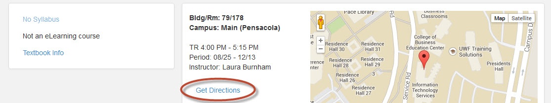 UWF Public Knowledge Base > Using the Classmate App for Students > mc_directions.jpg desktop course details - get directions link is circled