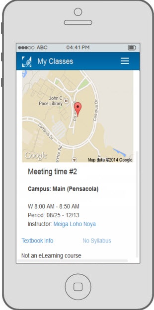 UWF Public Knowledge Base > Using the Classmate App for Students > mc_mobile3.jpg phone with my classes app - bottom of course detail view