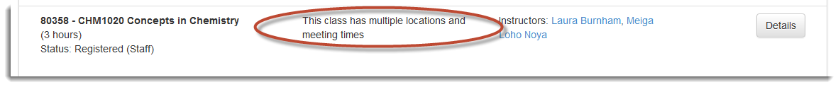 UWF Public Knowledge Base > Using the Classmate App for Students > mc_multipleLocations.png desktop course listing - This class has multiple locations and meeting times