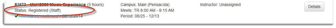 UWF Public Knowledge Base > Using the Classmate App for Students > mc_status.png desktop course listing - registration status is circled