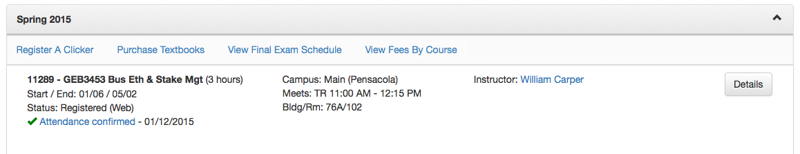 UWF Public Knowledge Base > Using the Classmate App for Students > term actions.png desktop view of course - list of term actions