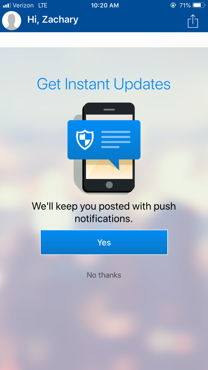 Yes and No buttons for opting in or out of instant updates