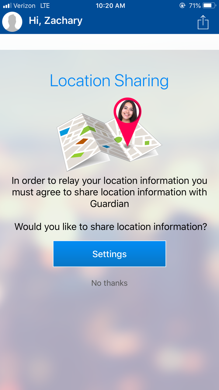 Settings and No buttons for location sharing