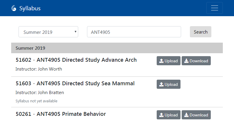 term dropdown menu, field for course number, search button, search results