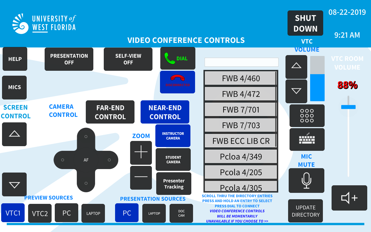 UWF Public Knowledge Base > 74/109 & FWB 4/460 Distance Learning Room Facilitator Guide > 4 DL Mode.PNG Video Conference Mode homescreen