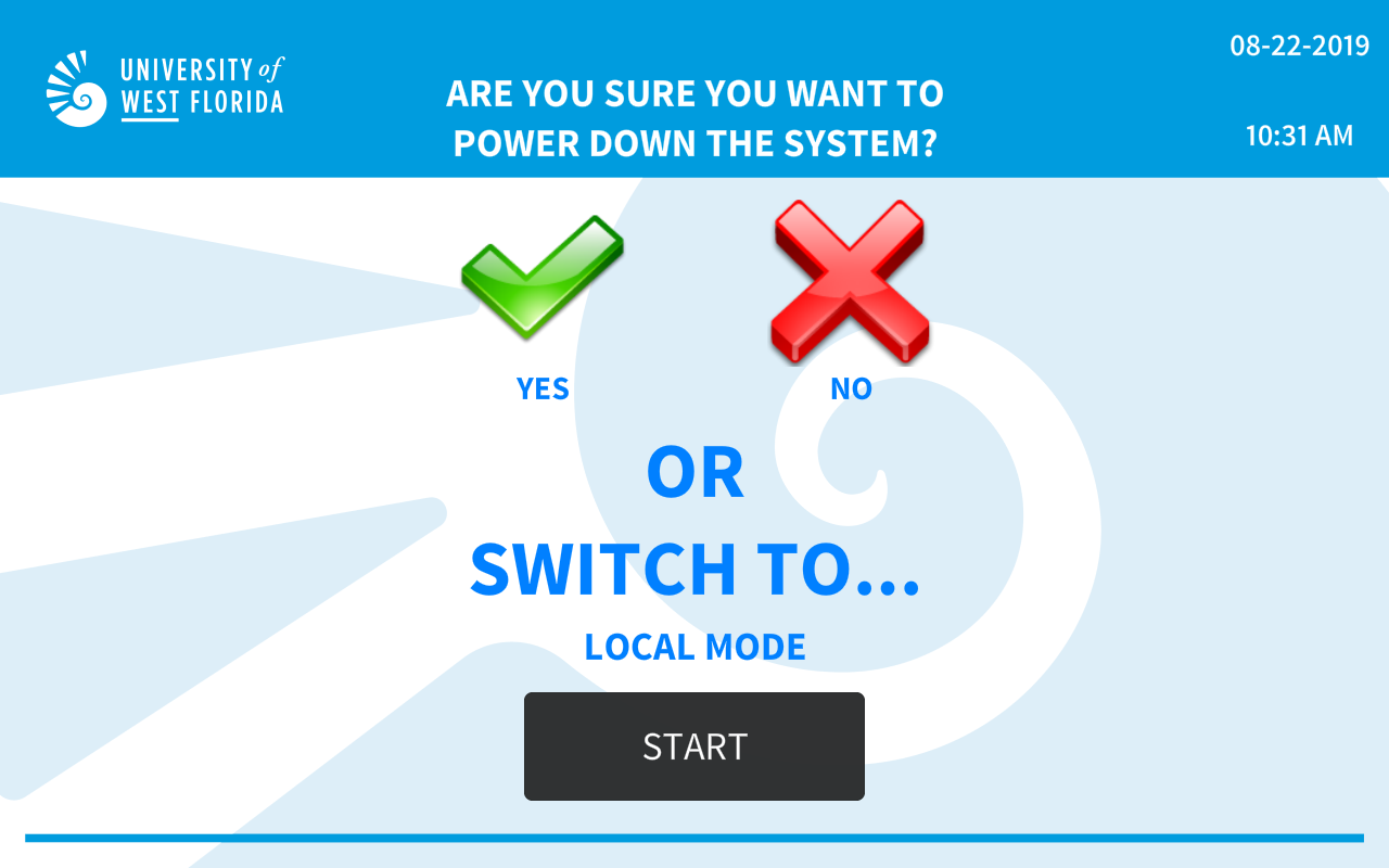 UWF Public Knowledge Base > 74/109 & FWB 4/460 Distance Learning Room Facilitator Guide > 6 Shut Down or Switch.PNG confirming shut down command