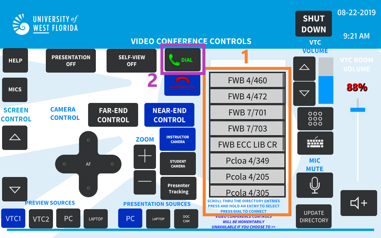 UWF Public Knowledge Base > 74/109 & FWB 4/460 Distance Learning Room Facilitator Guide > directoryList.png highlighting buttons to press, for dialing to a room