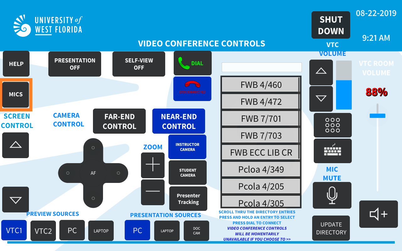 UWF Public Knowledge Base > 74/109 & FWB 4/460 Distance Learning Room Facilitator Guide > selectMics.png MICS button