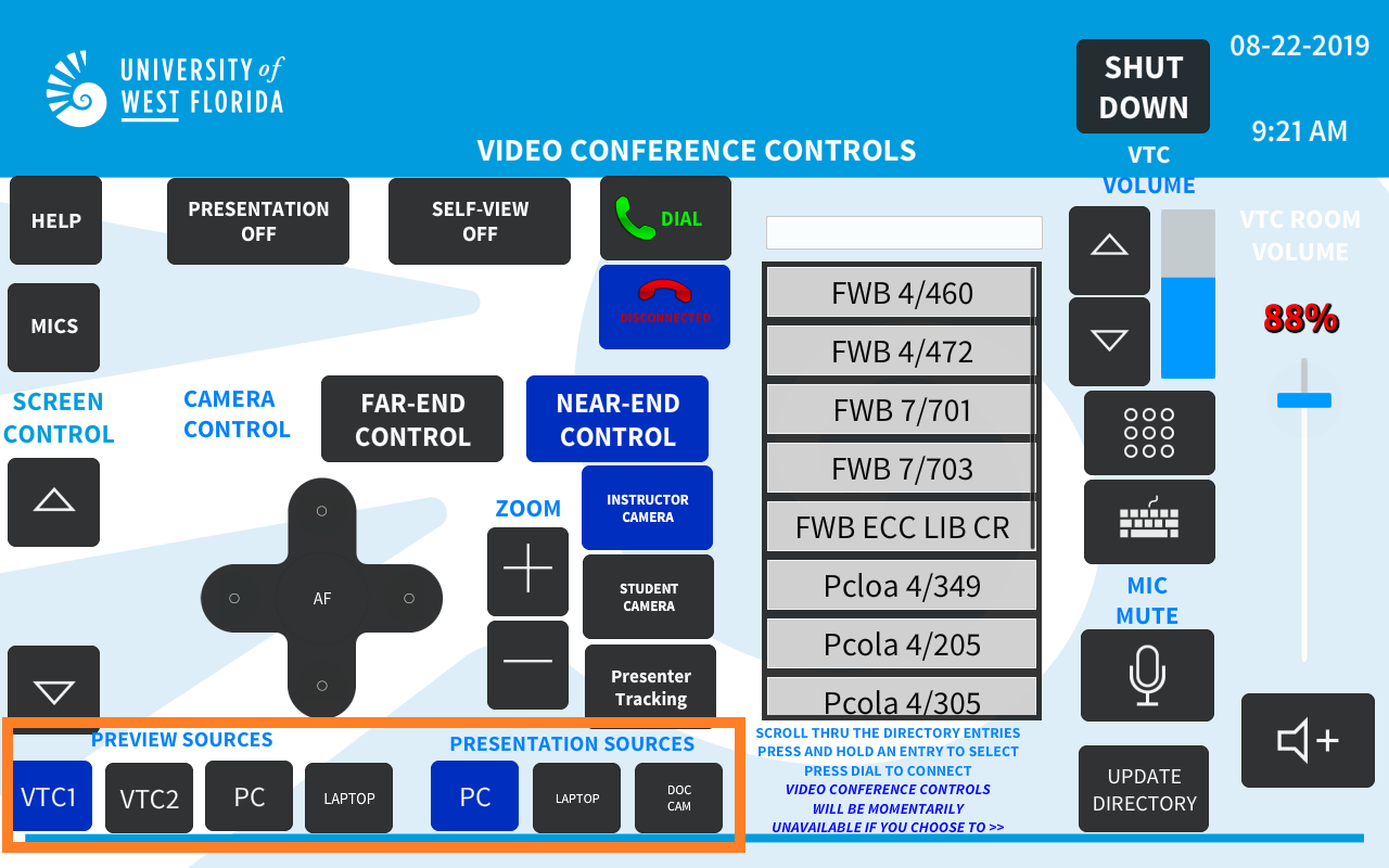 UWF Public Knowledge Base > 74/109 & FWB 4/460 Distance Learning Room Facilitator Guide > sourceControl.png buttons for choosing different preview and presentation sources