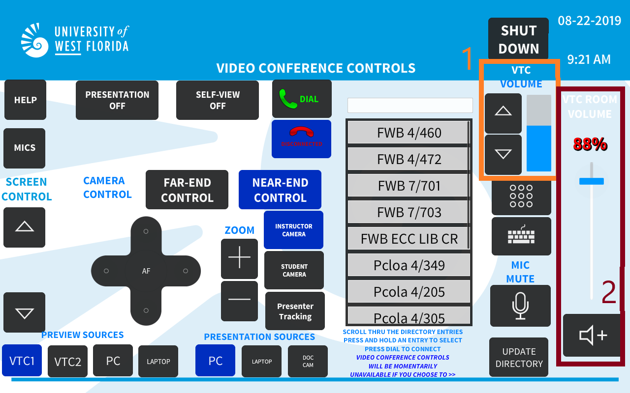 UWF Public Knowledge Base > 74/109 & FWB 4/460 Distance Learning Room Facilitator Guide > volume.png adjusting volume buttons