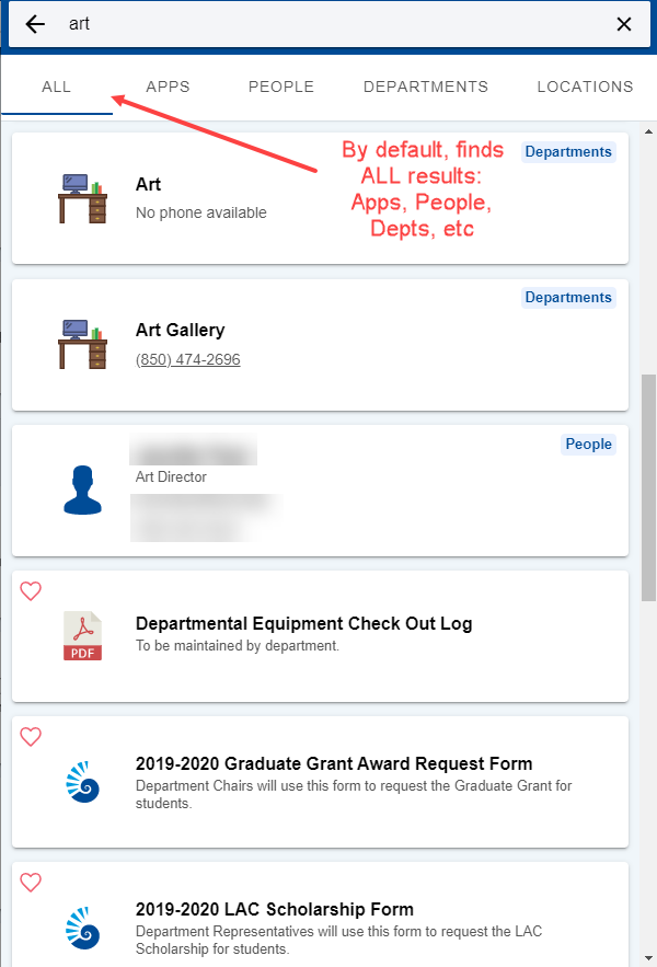 list of various results under All category
