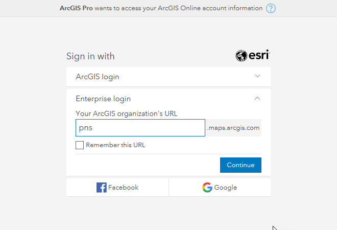 ArcGIS Pro Enterprise Login Screen with pns filled in as the URL