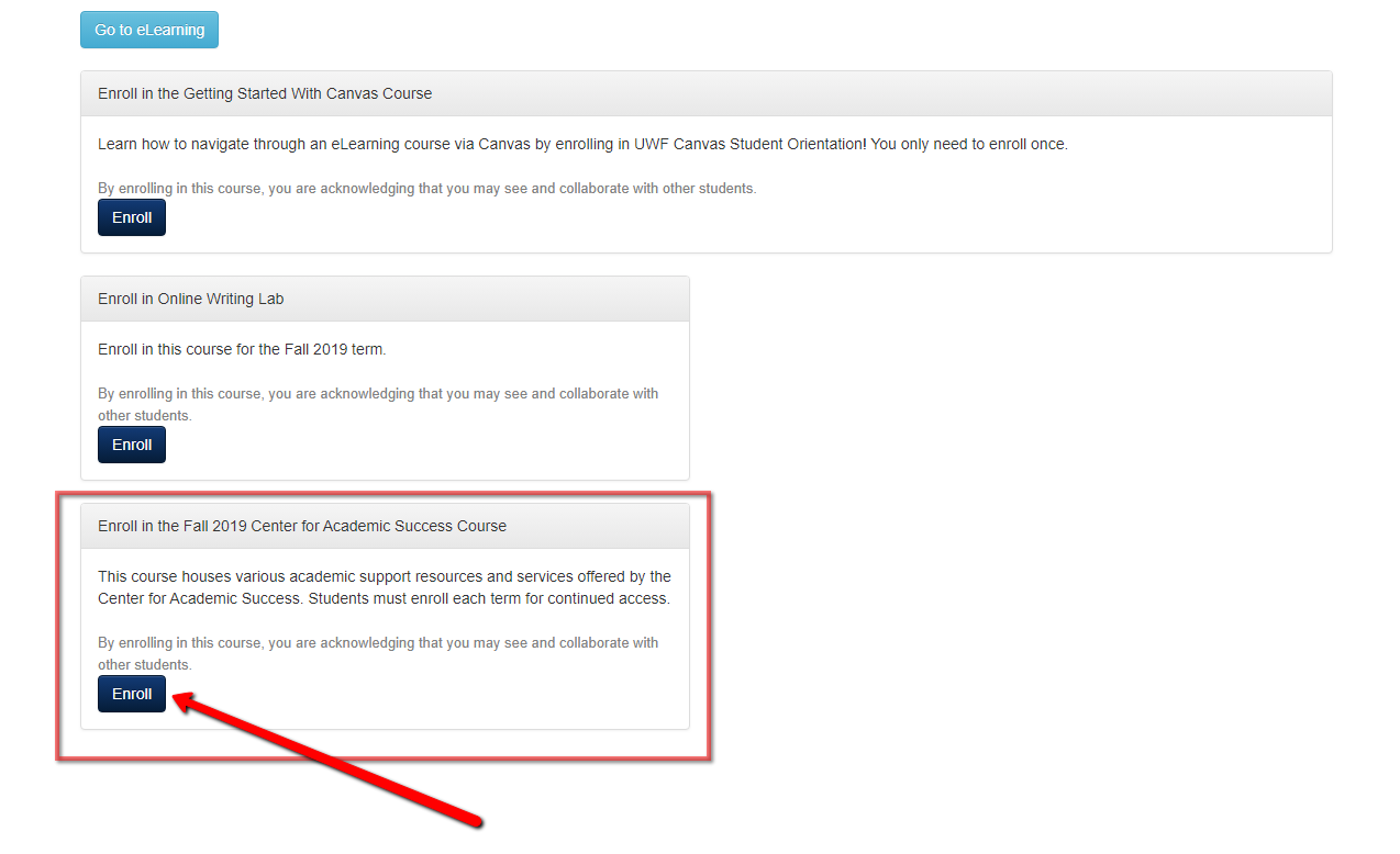 Opt in options with in My Classes, including the Center for Academic Success Canvas course