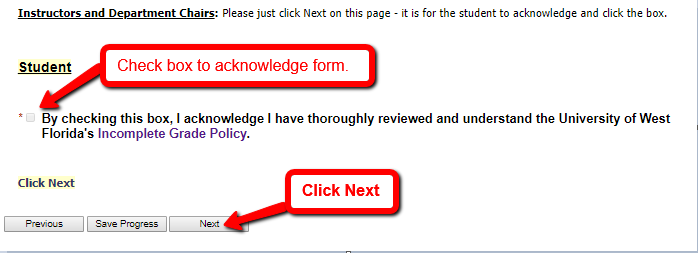 student acknowledgment page - click box
