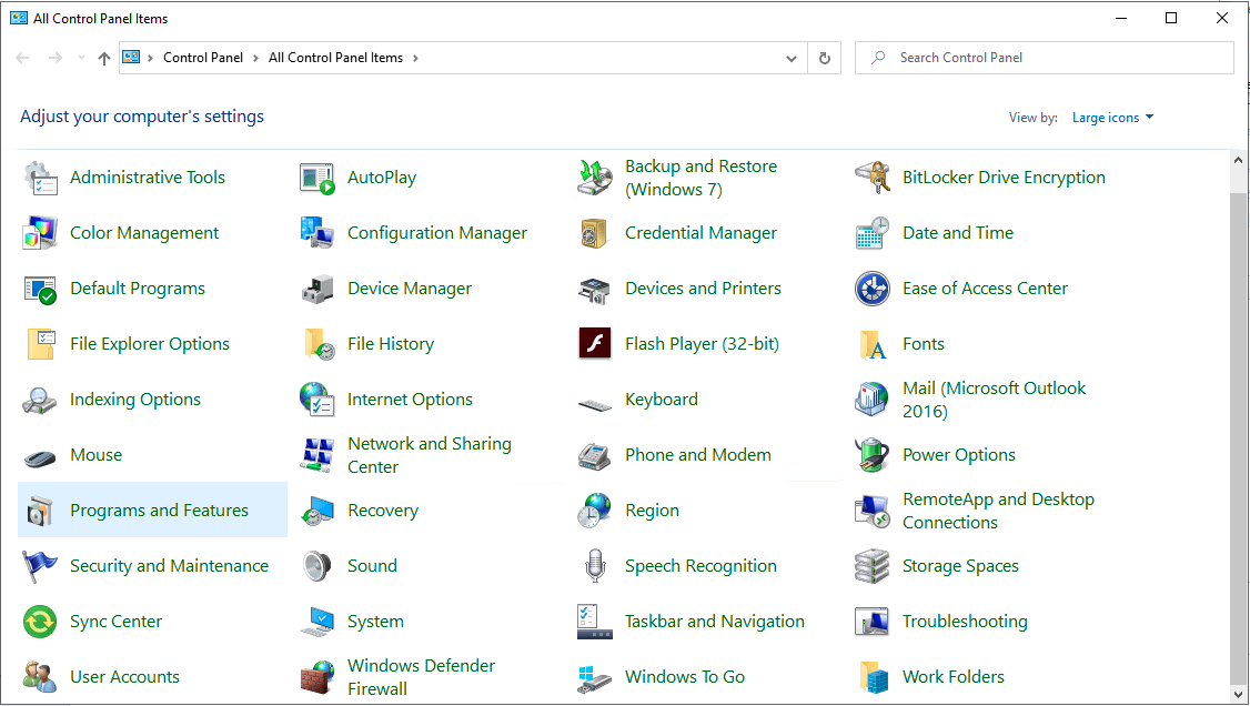 UWF Public Knowledge Base > Determining your installed version of Office > Screen Shot 2020-03-25 at 8.53.58 AM.png Programs and Features link