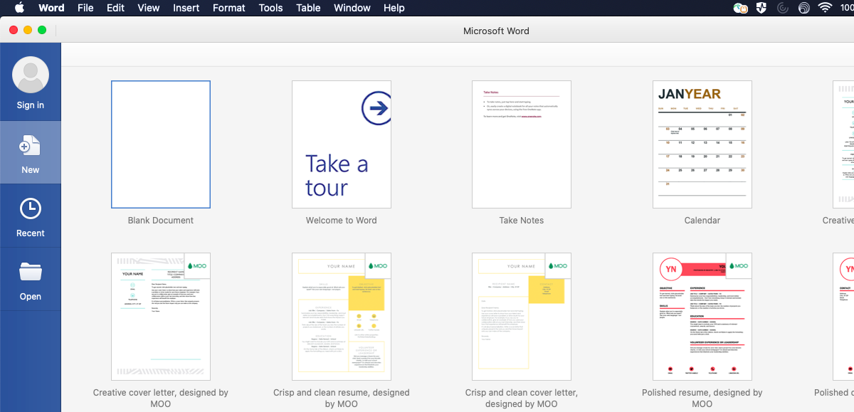 UWF Public Knowledge Base > Determining your installed version of Office > Screen Shot 2020-03-25 at 9.31.57 AM.png new window after opening Word