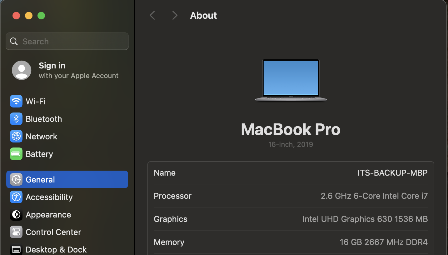 Mac Settings window with the computer name listed in the first row on the right side