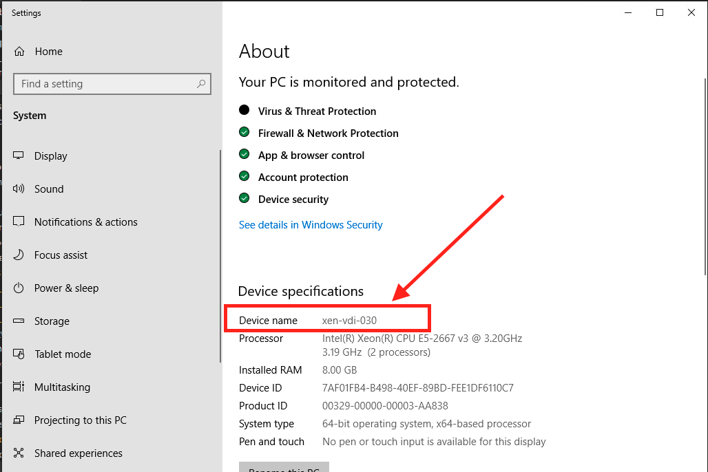 UWF Public Knowledge Base > Locating your computer name > Screen Shot 2020-03-25 at 9.23.25 AM.png Windows 10 about info