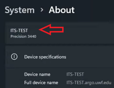 UWF Public Knowledge Base > Locating your computer name > Screenshot 2025-03-26 124246.png Windows 11 about info