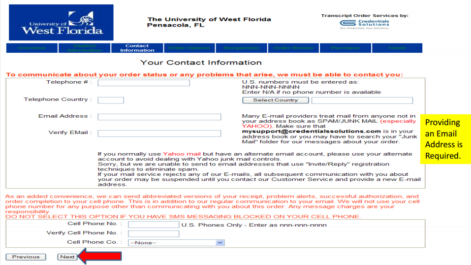 image of contact information page of online order form
