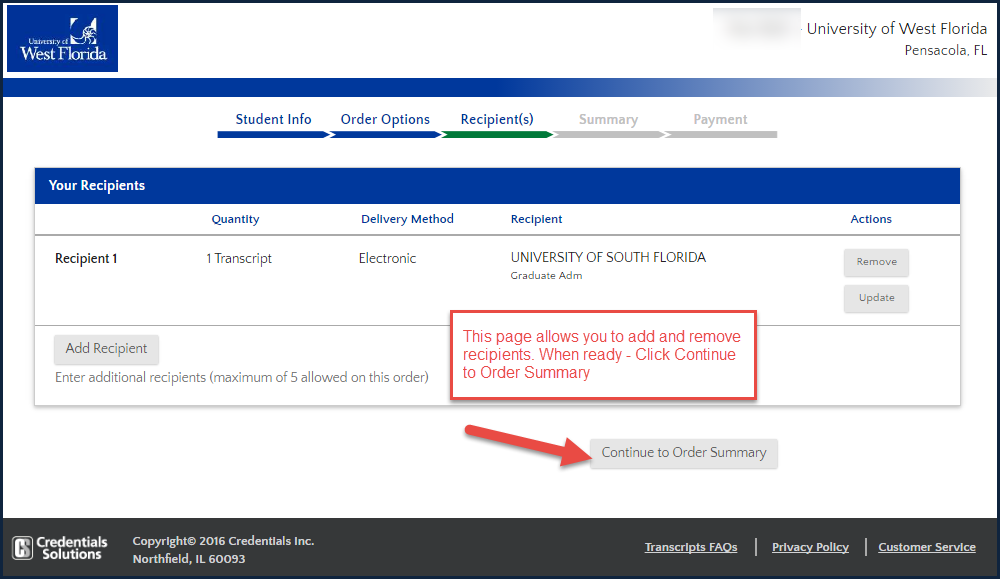 image of page to add and delete recipients - when ready - click continue to order summary