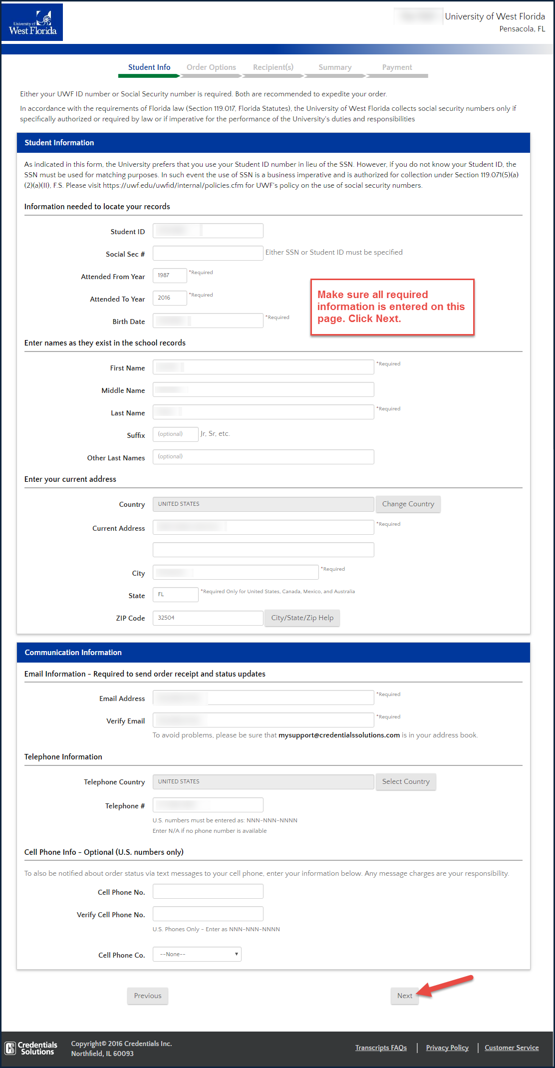 image of student information page 