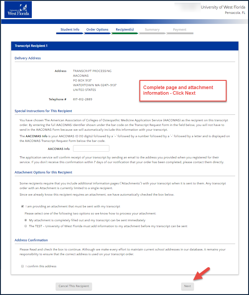 image of transcript recipient information