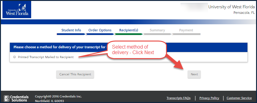 image of delivery method selection page