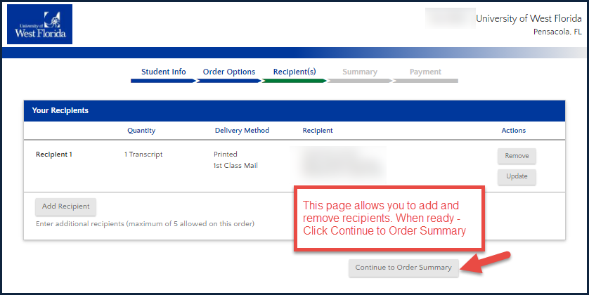 image of recipient page - you can add and remove recipients on this page