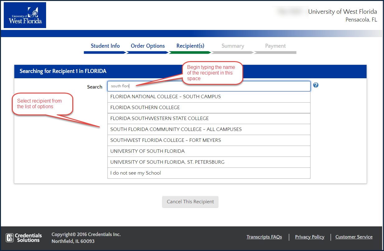 image of selection of recipient from list