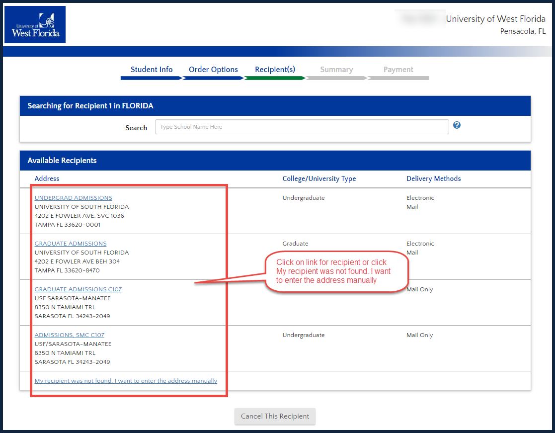 image of recipient list of addresses - select and click next