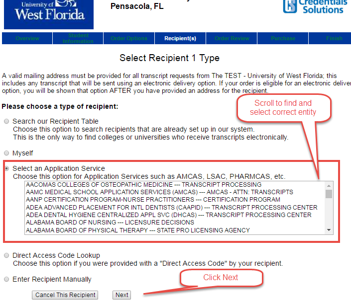 image of Select Recipient screen for Select and Application Service.