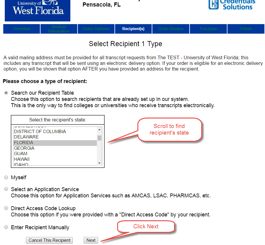 image of selecting recipient's state