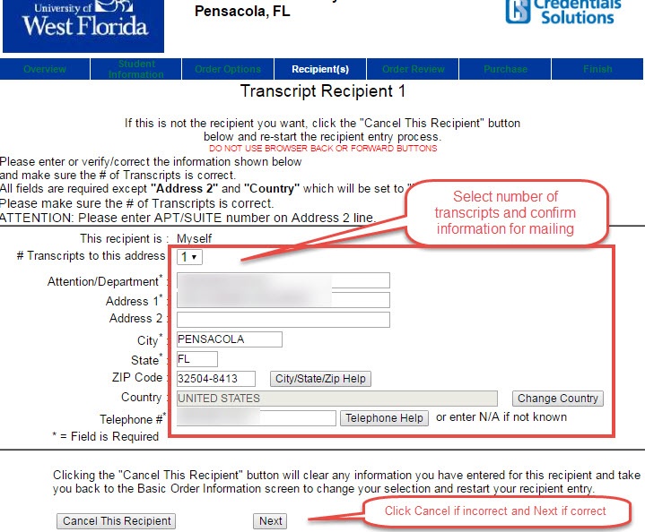 image of transcript recipient screen