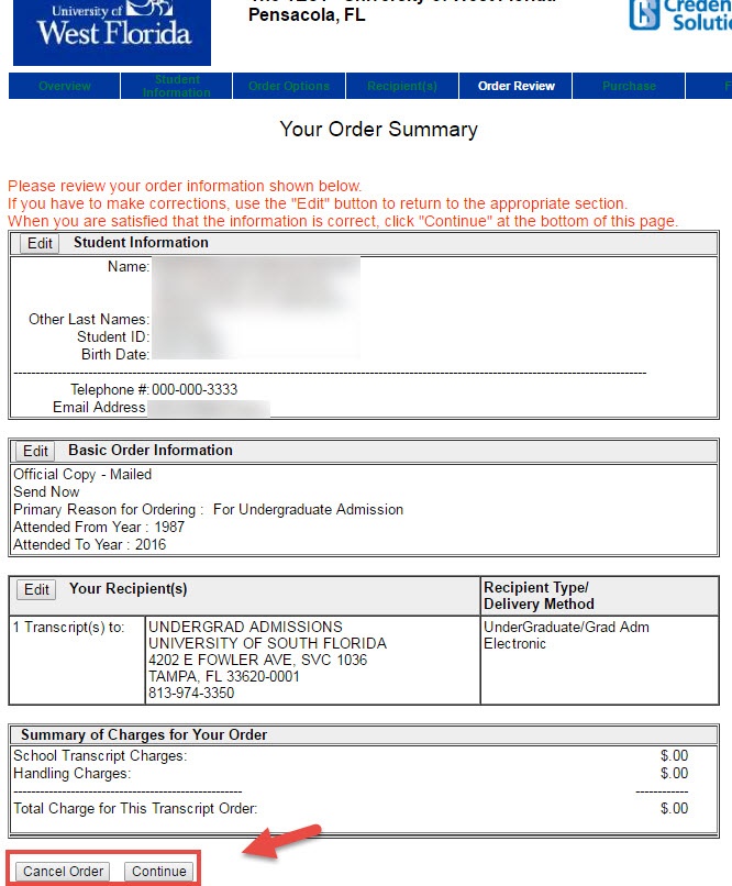 image of Order Summery screen